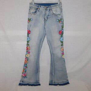 ISALUX Womens 8 Blue Flare Multicolored Embroidered Floral Jeans high Rise